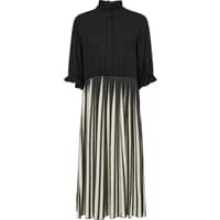 Black and beige pleated midi dress with high collar and short sleeves, CULTURE CUCesseli Carly design.