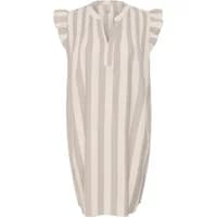Striped beige and white women's dress CULTURE Kapina with ruffled cap sleeves and a V-neckline.