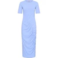Light blue CULTURE Ulli Jessica women's dress, short sleeves, round neck, ruched side detail, midi length.