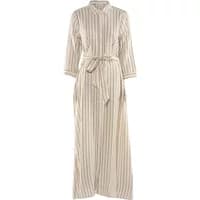 Striped beige maxi dress with long sleeves, button-up front, and waist tie belt.