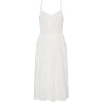 White fransa FREmmy 1 women's dress with spaghetti straps, V-neckline, and flowing midi-length skirt.