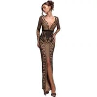 Women's Goddiva maxi dress with geometric sequin pattern, deep plunge neckline, long sleeves, and thigh-high slit.