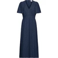 Navy blue women's dress Ichi IHZabby with short sleeves, V-neck, and subtle polka dot pattern.