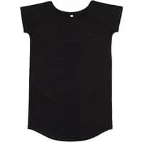 Black women's dress by Mantis, short sleeves, round neckline, knee-length, curved hem.