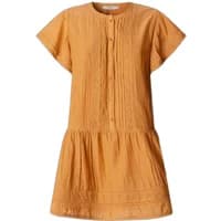 Pepe Jeans Destin women's dress, short-sleeved, mustard yellow, buttoned front, textured fabric, knee-length.