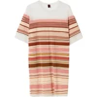Stefanel women's dress with horizontal pink, brown, and white stripes, short sleeves, and a relaxed fit.