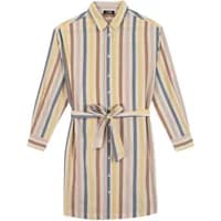 Striped women's dress TBS Dovye with long sleeves, button-up front, and waist tie in pastel yellow, blue, and pink.