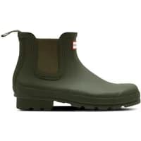 Green elastic Chelsea rain boots by Hunter Boots with pull tab and rugged sole.
