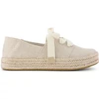 Beige women's espadrilles by TOMS with lace-up front and woven jute sole.