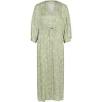 Green floral flare dress with V-neck, three-quarter sleeves, and waist tie.