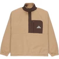 Tan women's fleece Quiksilver Renek with brown accents, high collar, chest pocket, and button-up front.