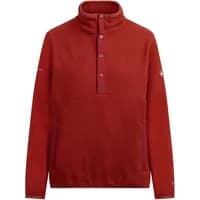 Red women's fleece Trespass Mantle with high collar, button placket, and side pockets.