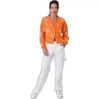 Orange women's sweater with white flowery sketch print, button-up front, and long sleeves by Project X Paris.