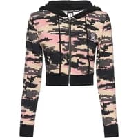 Women's full zip hoodie by Dangerous DNGRS, camo pattern in pink, beige, black with star logo on chest.
