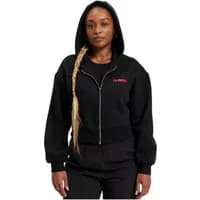 Black women's full zip hoodie by Dangerous DNGRS with hood, ribbed cuffs, and pink logo on chest.