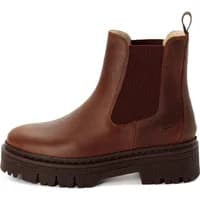 Brown leather women's ankle boots with fur lining, chunky sole, elastic side panels, and pull tab.