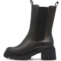 Black leather women's boots with fur lining, chunky heel, and elastic side panels by Tamaris.