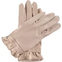 Beige women's gloves by Greenpoint with ruffled cuffs and smooth texture.