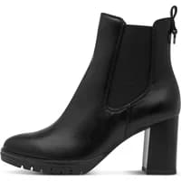 Black leather women's heeled boots with side elastic panels and block heel.