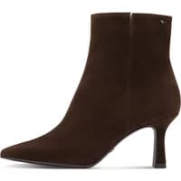 Dark brown suede women's heeled boots with pointed toe and slender heel by Tamaris.