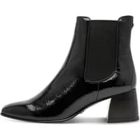 Black patent leather heeled Chelsea boots with elastic side panels and block heel.