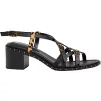 Black heeled sandals with multiple straps, leopard print detail, and studded block heel by Pepe Jeans.