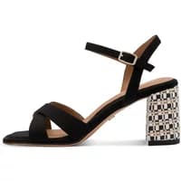 Black Tamaris heeled sandals with cross straps and geometric-patterned block heel.