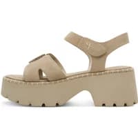 Beige Tamaris heeled sandals with chunky platform sole, open toe, and ankle strap.