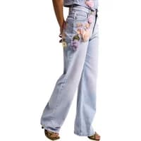 Women's high-waisted straight jeans in light blue with floral embroidery on the side.