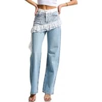 Light blue high-waisted straight jeans with lace trim and ruffle detail, worn with a white crop top.