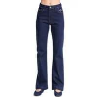 Women's high-waisted dark blue denim flare jeans with structured design and button closure.