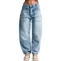 Women's high-waisted wide leg jeans in light blue cotton with front pockets and relaxed fit.