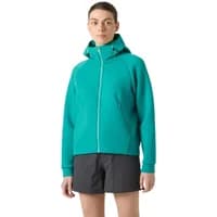 Teal Helly Hansen women's hooded sweatshirt with front zipper, high collar, and adjustable hood.