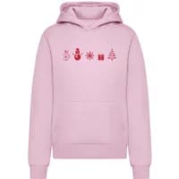 Pink women's hooded sweatshirt with red Christmas icons: snowman, ornament, snowflake, gift, and tree.