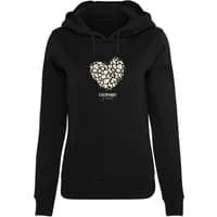 Black women's hoodie with leopard print heart design and "LEOPARD" text on front, by Merchcode.