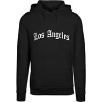 Black women's hooded sweatshirt with "Los Angeles" in white Gothic font on the front.