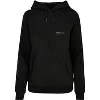 Black women's hooded sweatshirt by Mister Tee with front pocket and subtle chest logo.