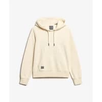 Cream Superdry women's hooded sweatshirt with front pocket, drawstrings, and subtle logo on chest.