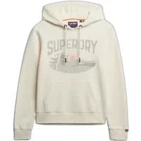 Cream Superdry hooded sweatshirt with retro outdoor graphic, kangaroo pocket, and ribbed cuffs.