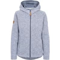 Gray women's hooded sweatshirt by Trespass Reserve, zip front, textured fabric, and leather logo patch on sleeve.