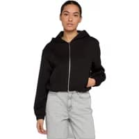 Black women's hooded sweatshirt by Urban Classics, zip-up front, long sleeves, and relaxed fit.