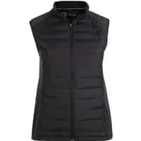 Women's black sleeveless jacket with quilted front, zip closure, and stand collar by Q Sportswear Sprinna.