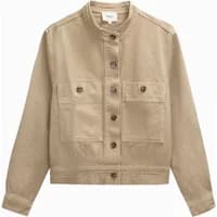 Beige women's jacket by Artlove Delviana, button-up front, two chest pockets, and a mandarin collar.