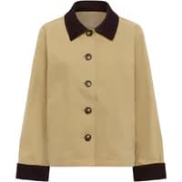 Beige women's jacket with dark brown collar and buttons, long sleeves, and straight hem.