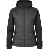 Black Dobsom Merrill women's jacket with hood, full zip front, and quilted design.