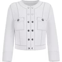 White Guess Rosalia women's jacket with button front, two chest pockets, and long sleeves.