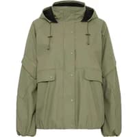 Olive green women's jacket by Ichi with hood, drawstrings, front pockets, and snap buttons.
