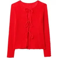 Red knitted cardigan with long sleeves and front tie closures by Stefanel.