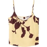 Women's viscose vest with brown leaf print on a pale yellow background, featuring thin straps and a scoop neckline.