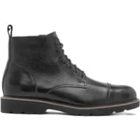 Black leather ankle boots with lace-up front, textured finish, and thick rubber sole.